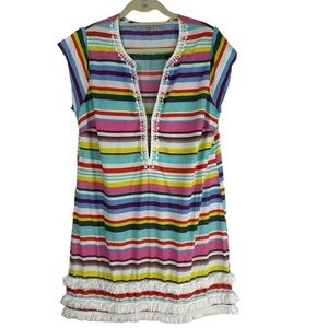 Blue Rod Beattie Cover Up Dress Blue White Stripe Embroidered Fringe Size Medium